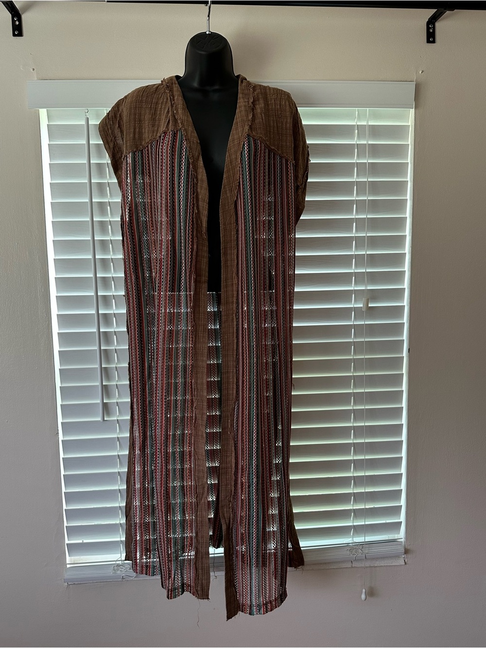 POL Boho Brown Long Duster Vest Multicolor Crochet Side Buttons